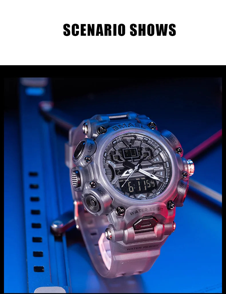 Military Watch Sport Waterproof 50M Stopwatch Analog Digital Wristwatches Week Display Alarm Clock 8053 Digital Watches Mens