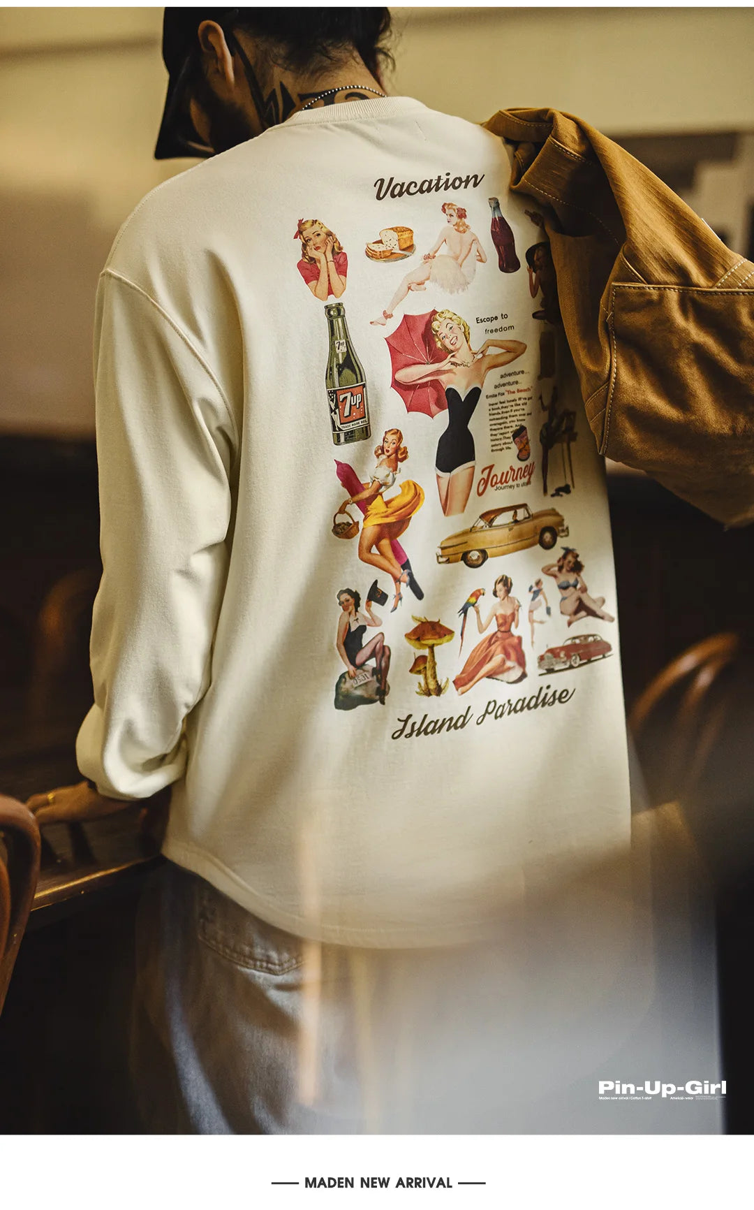 Maden Vintage Back-Printed Long-Sleeve T-Shirt Loose Casual Round-Neck Pullover for Men's Spring and Fall 60's Street-Style Tops