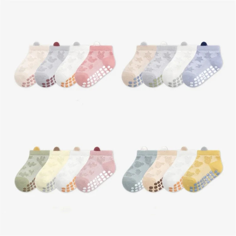 4Pairs/Set Cotton Breathable Children Socks Spring Summer Thin Baby Mesh Short Sock Boys Girls Cute Cartoon Non-slip Floor Socks