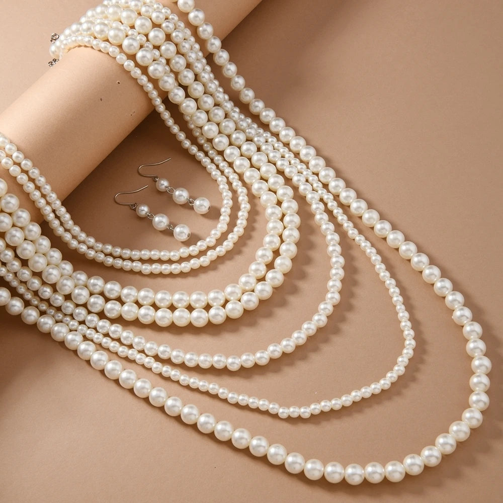 Fashiona Elegant Multi-layer Imitation Pearl Handmade Beaded Statement Necklace Women Wedding Party Accessories Sweater Chain
