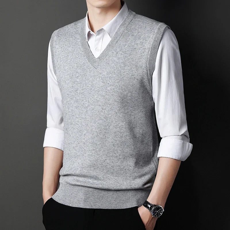 2026 Autumn Winter New Men's Solid Color V-neck Knitted Vest Casual Fashion Warm Sweater Versatile Top