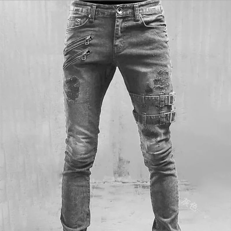 2022 New Jeans Men Fashion Hole Streetwear Straight Jeans Spring Summer Moto & Biker Skinny Casual Denim Pants For Men