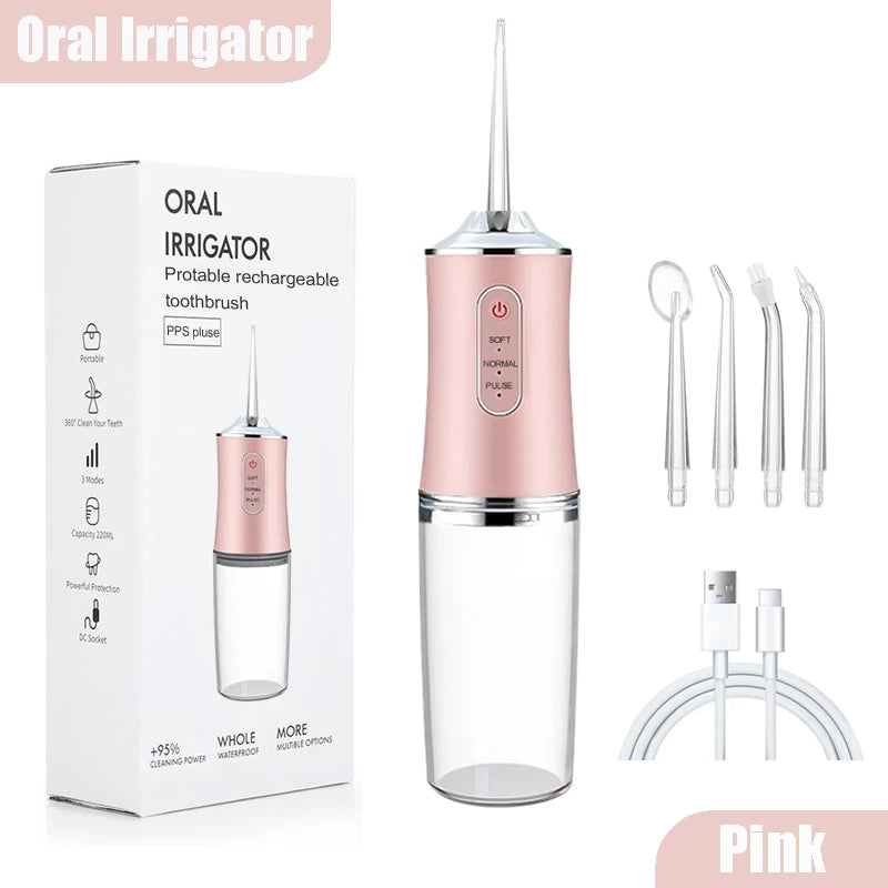 2026 Oral Irrigator Portable Dental Water Flosser USB Rechargeable Water Jet Floss Tooth Pick 4 Jet Tip 220ml 3 Modes