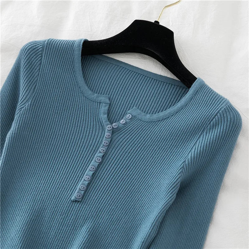 2026 Autumn Winter Button V Neck Sweater Women Basic Slim Pullover Women Sweaters And Pullovers Knit Jumper Soft Warm Tops