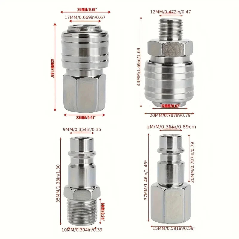 10Pcs 1/4" BSP Euro Air Compressor Quick Connect Fittings, Zinc Plated Steel Air Hose Coupler Male Female Quick Release Air Tool
