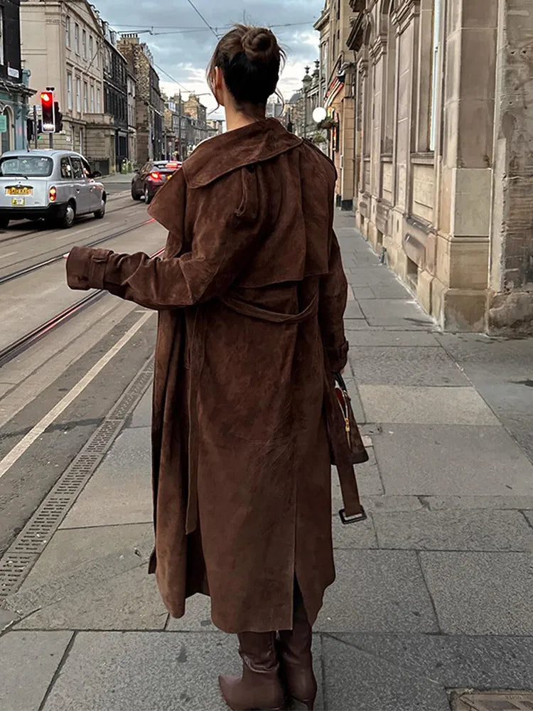 Women's Vintage Brown Suede Trench Coat Long Belted Overcoat Retro Windbreaker Fashion Female Date Commuter Streetwear Outerwear