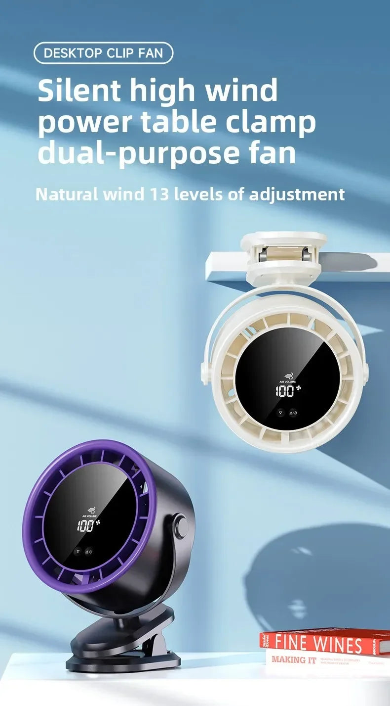A little expert in life 100-Speed Desk Fan Clamp Fan LED Display Office Home Charge Wall-Mounted Hand-Free Fan