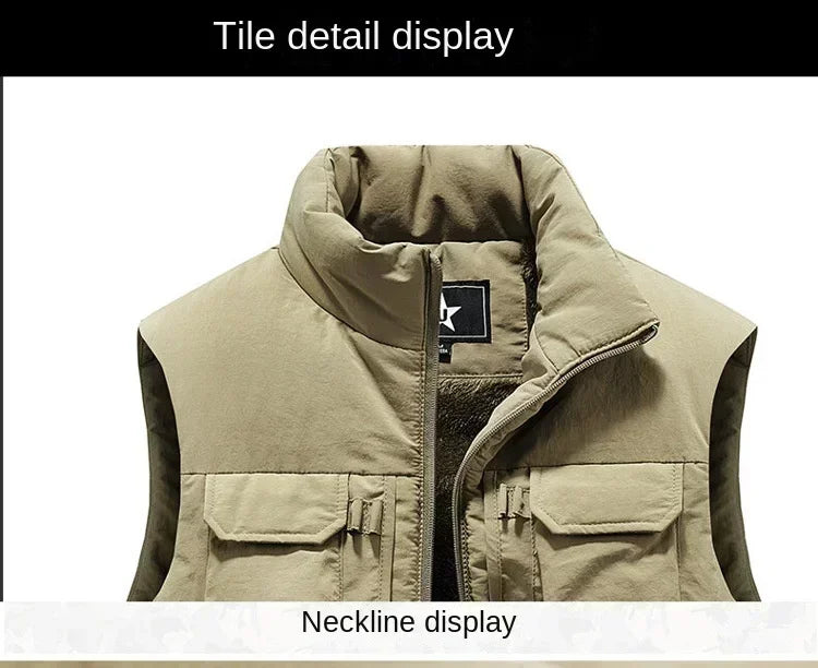 Men's New Keep Warm Fleece Work Sleeveless Jacket Slim Fit Windbreaker Fashion Many Pocket Jacket Men Winter Sleeveless Jackets