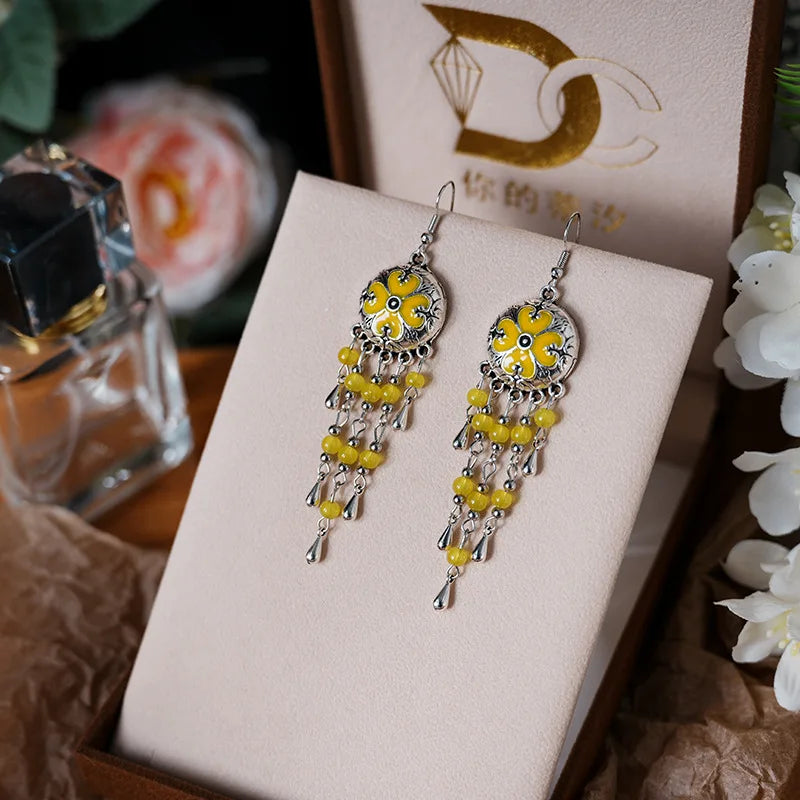 Vintage Ethnic Style Metal Tassel Water Drop Earrings for Women Round Drop Glaze Crystal Beads Handmade Earring Female Jewelry