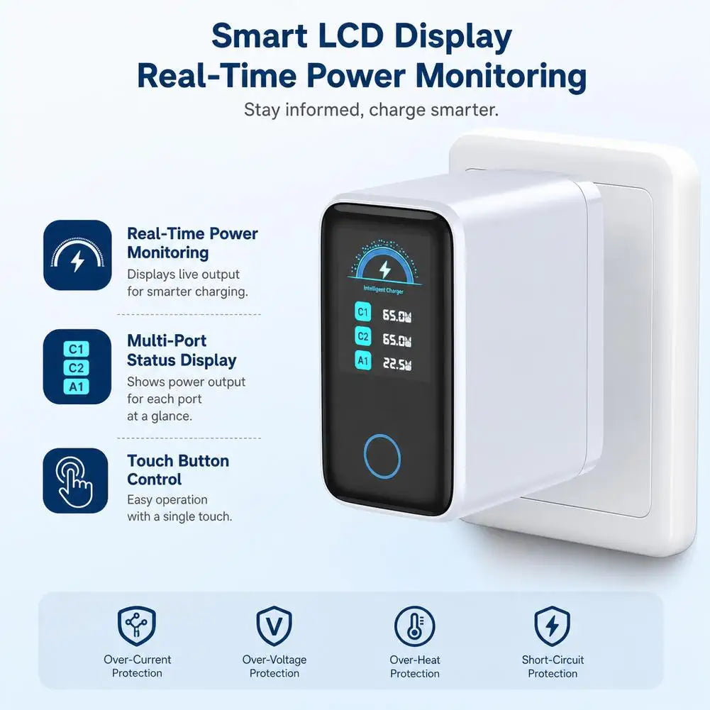 65W GaN Fast Charging Station with LCD Digital Screen, PD3.0 Wall Charger for Laptop, iPhone 17 , Samsung, iPad, Power Delivery