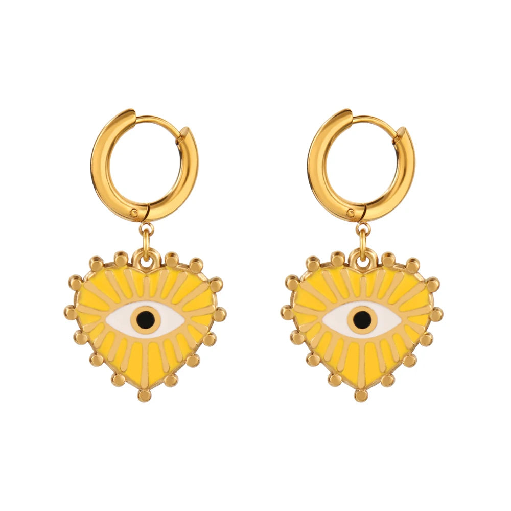 Vintage 316L Stainless Steel Turkish Evil Eye Hoops Earrings Huggie Drop Heart Pendant Earrings For Women Daily Jewelry Gifts