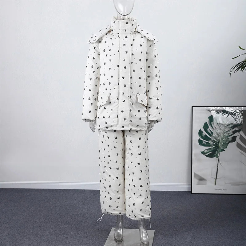 Chic Striped Hooded Puffer Coat Set Women Quilted Full Sleeve Zip Jacket Wide Leg Pants 2026 New Lady Autumn Winter Warm Outfit