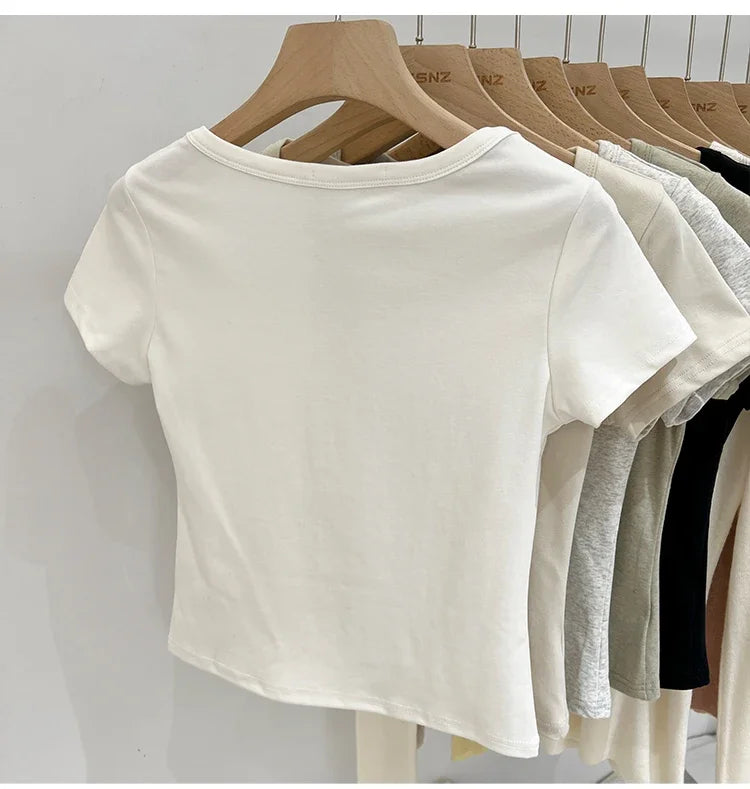 Women T Shirt Button T-Shirt Woman Clothes Tops Cotton Slim Tshirt Female Short Sleeve Top Summer Tee Sexy Canale Y2k