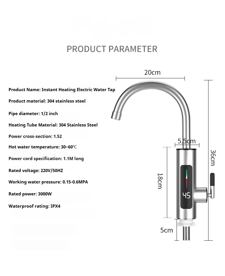 HOMEFISH 3000W 220V Electric Kitchen Water Heater Tap Instant Hot Stainless Steel Water Faucet Heater Cold Heating Faucet