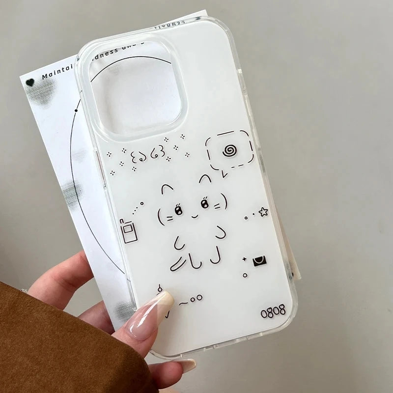 Ins Korean Cute Line Rabbit Cat Lovely Graffiti Phone Case For iPhone 17 AIR 16 15 14 13 12 11 Pro MAX 16 PLUS Y2K Kawaii Cover
