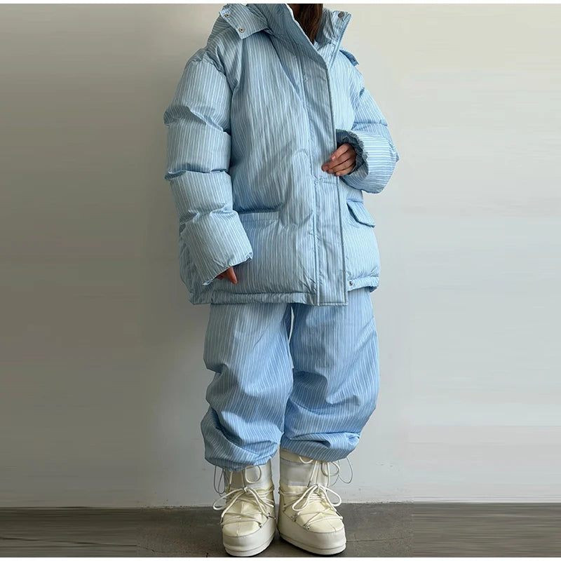 Chic Striped Hooded Puffer Coat Set Women Quilted Full Sleeve Zip Jacket Wide Leg Pants 2026 New Lady Autumn Winter Warm Outfit