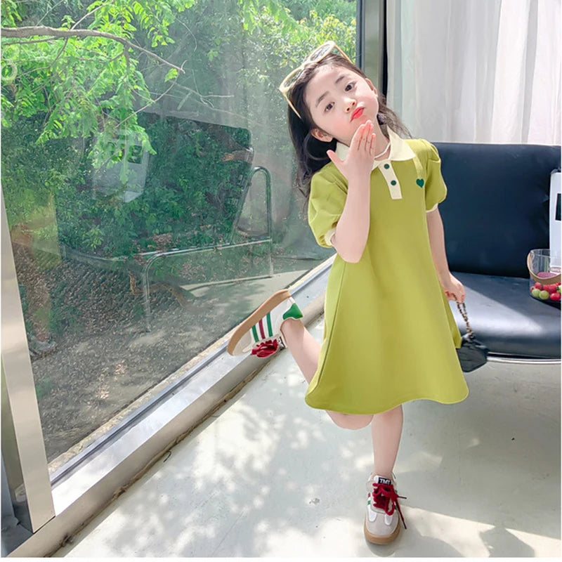 New Casual Teenagers Girls Dress Summer Princess Cartoon Heart Lapel Dresses For 2-12 Years Girl Children Birthday Present