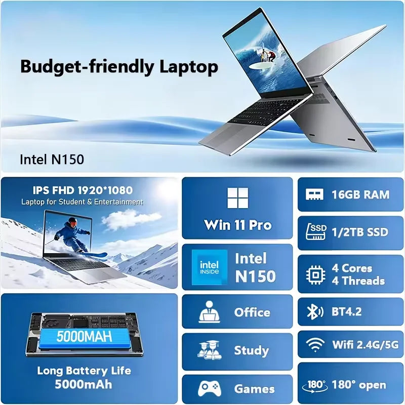 Intel N150 14.1" Gaming Laptop Windows 11 16GB RAM 1/2TB M.2 SSD Laptops 4K HD Desktop Office School Study Notebook Computer PC