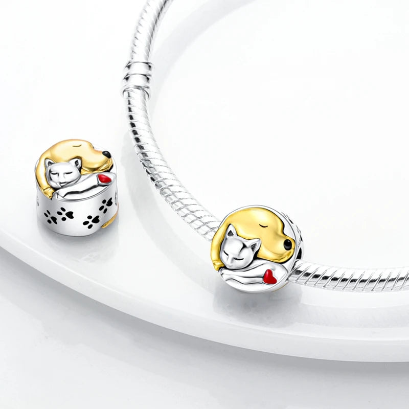 Dog Pet Charms 925 Silver Doggy Paw French Bulldog Bones Beads Fit Original Bracelet DIY Fine Jewelry