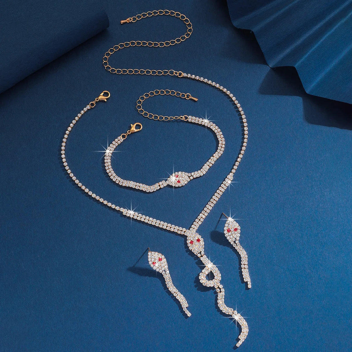 European and American popular jewelry set with rhinestone snake shaped necklace, bracelet, earrings, four piece set for women