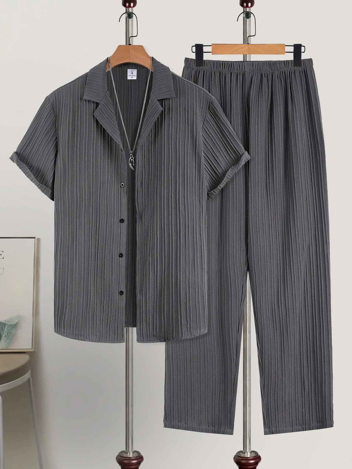 Men's Vertical Striped Texture Cuban Collar Two-Piece Set: Short-Sleeve Button-Up Shirt + Elastic Waist Straight-Leg Pants, Casual Vacation Style Summer Daily Outfit for Men