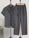 Men's Vertical Striped Texture Cuban Collar Two-Piece Set: Short-Sleeve Button-Up Shirt + Elastic Waist Straight-Leg Pants, Casual Vacation Style Summer Daily Outfit for Men