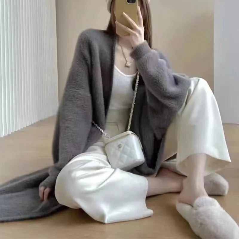 Autumn and winter loose and lazy style open knit coat, thick knee length imitation mink fur long sleeved sweater, warm jacket