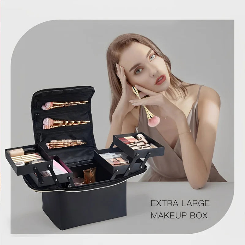 Mala de Maquilhagem de Grande Capacidade com Tabuleiros Dobráveis Multicamadas Ajustáveis, Caixa para Manicura, Organizador de Cosméticos Portátil para Unhas