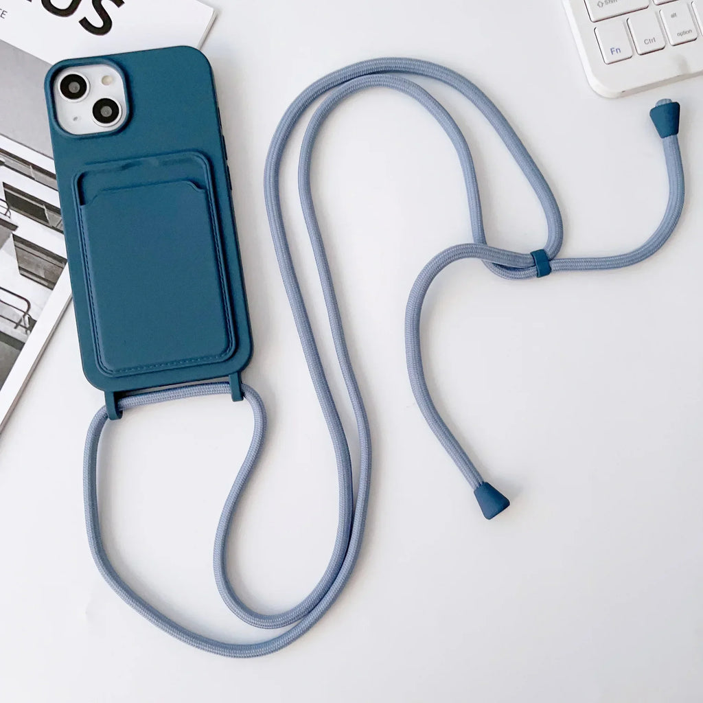 Crossboby Lanyard Rope Phone Case with Card Holder For iPhone 17 16 E 15 14 13 12 11 Pro Max Necklace Strap Soft Silicone Cover