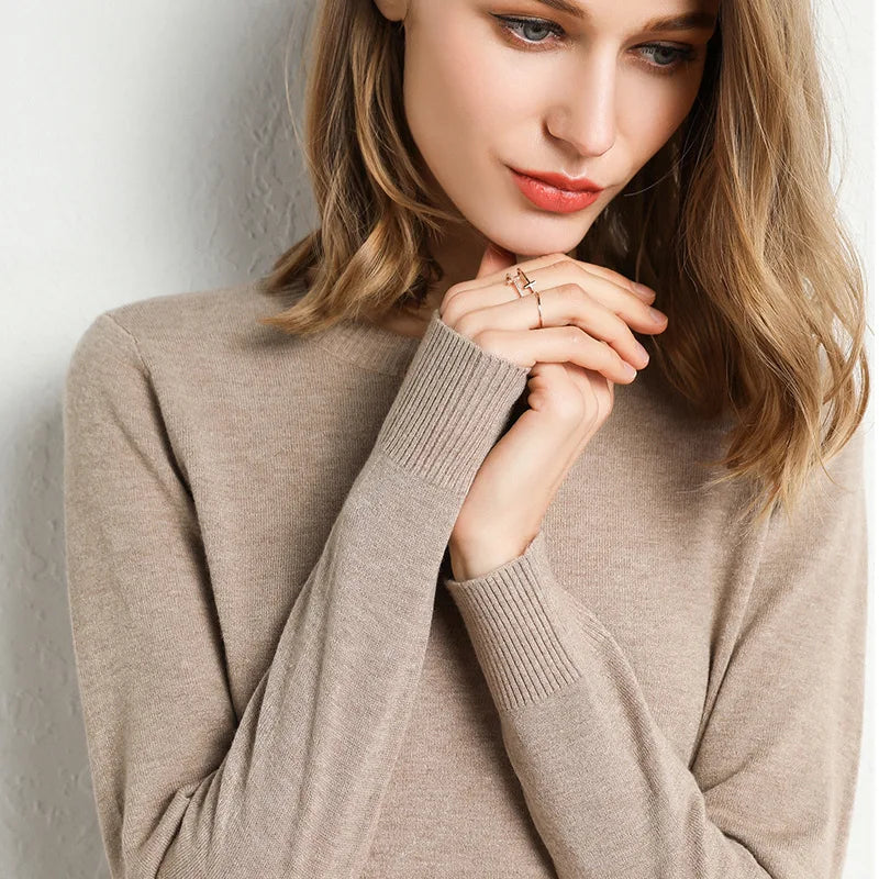 Women Slim O-Neck Solid Pullover Cashmere Wool Blending Sweater Autumn And Winter Long-Sleeved Knit Bottoming Shirt Large Size