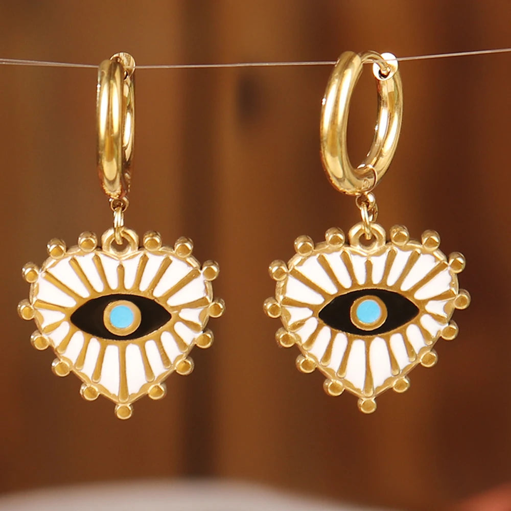 Vintage 316L Stainless Steel Turkish Evil Eye Hoops Earrings Huggie Drop Heart Pendant Earrings For Women Daily Jewelry Gifts