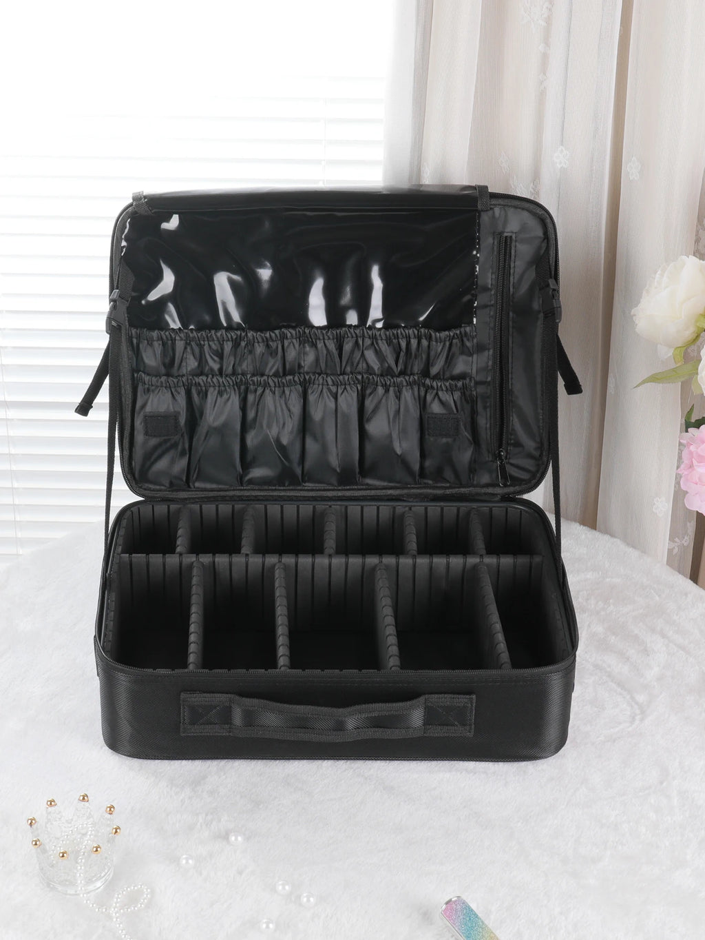 Travel Makeup Bag Makeup Train Cases Professional Lipstick Organizer with Shoulder Strap Adjustable Dividers for Cosmetics Makeu
