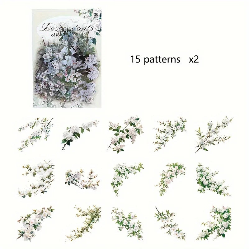 30 Pcs/Pack Vintage plant flowers PET waterproof sticker for DIY scrapbooking Journal Photo Album Decoration Materials Stickers