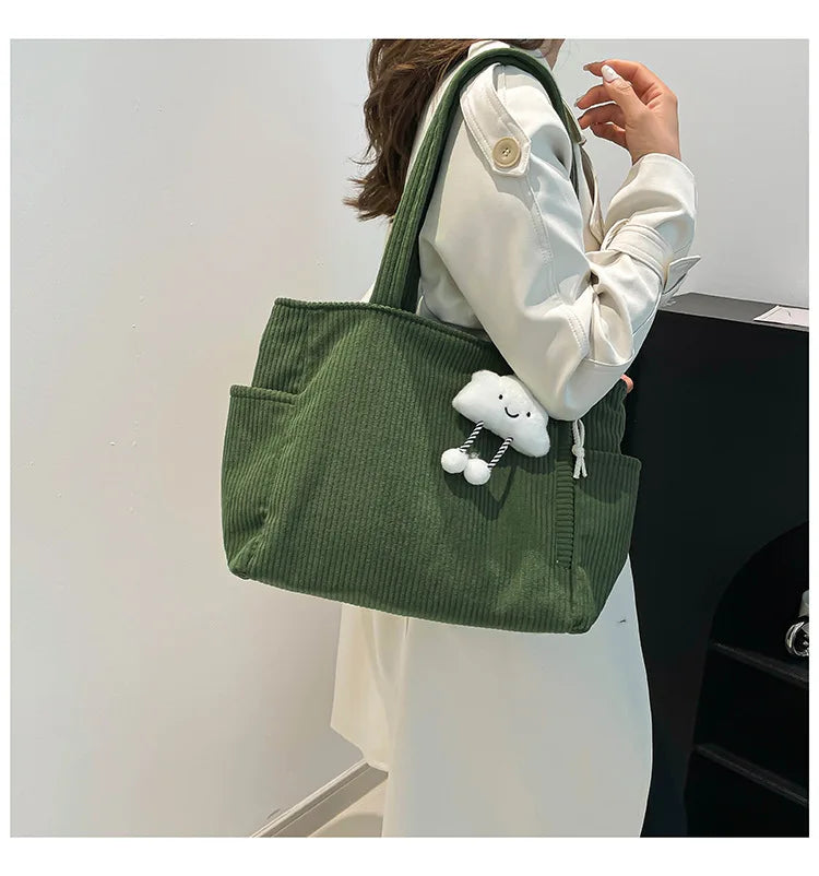 Corduroy Women Bag Fashionable Large Capacity Handbag Shoulder Bag Versatile Artistic Retro Student Class Bag with Zipper Pocket