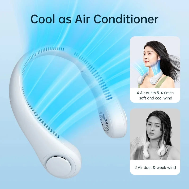 Wearable Bladeless Neck Fan Rechargeable USB 2400mAh Battery Three-Speed Portable & Hanging Design for Car/RV/Household Use
