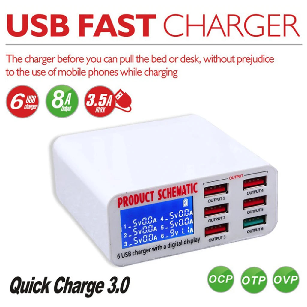 6-Port USB Charger Hub Fast Charging Station with LED Display Screen for Smart Phones Multiport Charging Station