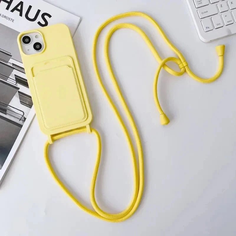 Crossboby Lanyard Rope Phone Case with Card Holder For iPhone 17 16 E 15 14 13 12 11 Pro Max Necklace Strap Soft Silicone Cover