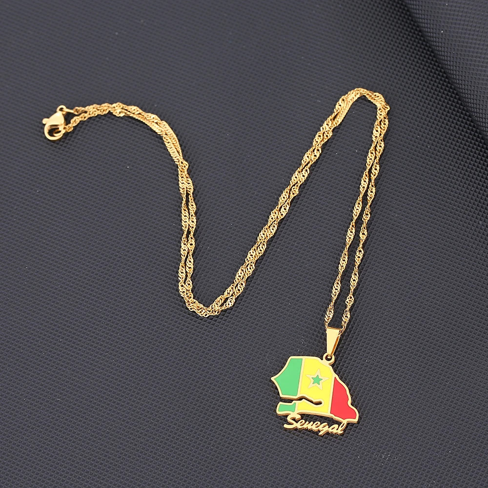 African Sénégal Map Flag Pendant Necklace Stainless Steel Men Women Senegal Maps Jewelry Gift