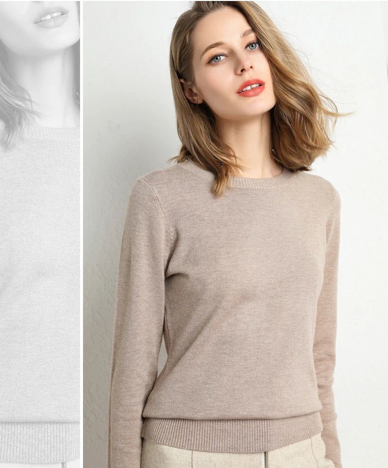 Women Slim O-Neck Solid Pullover Cashmere Wool Blending Sweater Autumn And Winter Long-Sleeved Knit Bottoming Shirt Large Size