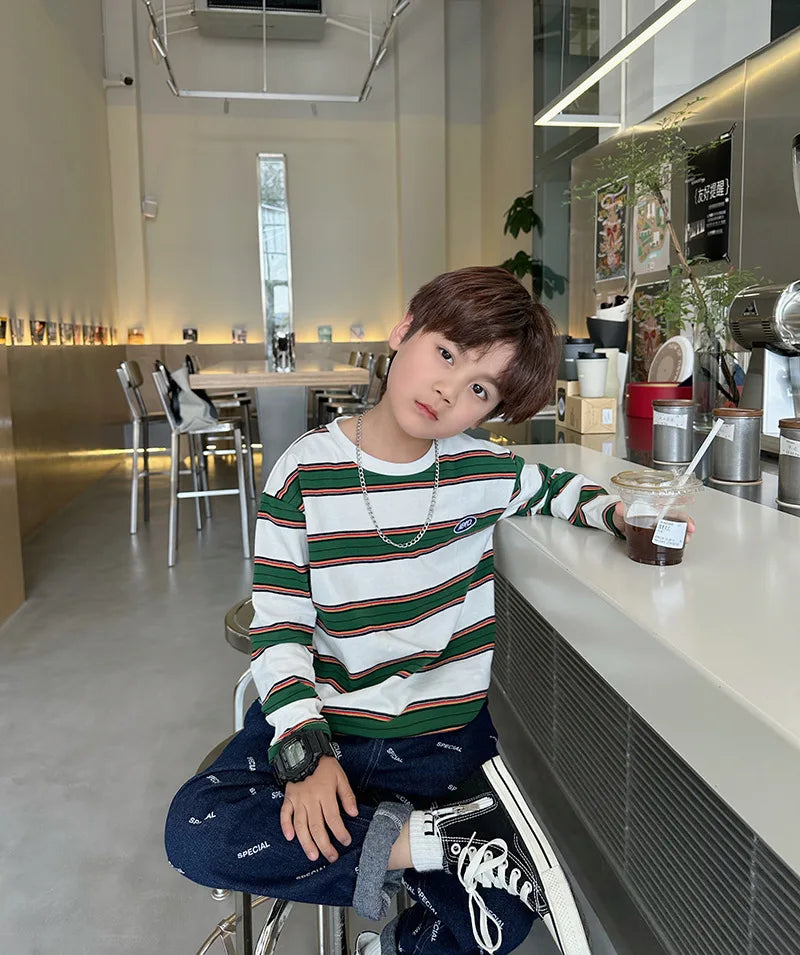 2025 autumn Children Clothes Girls Long Sleeves Bottoming Shirts Cool Boys Stripe Cotton T-shirt Teen Loose Casual 2-7y Kids Top
