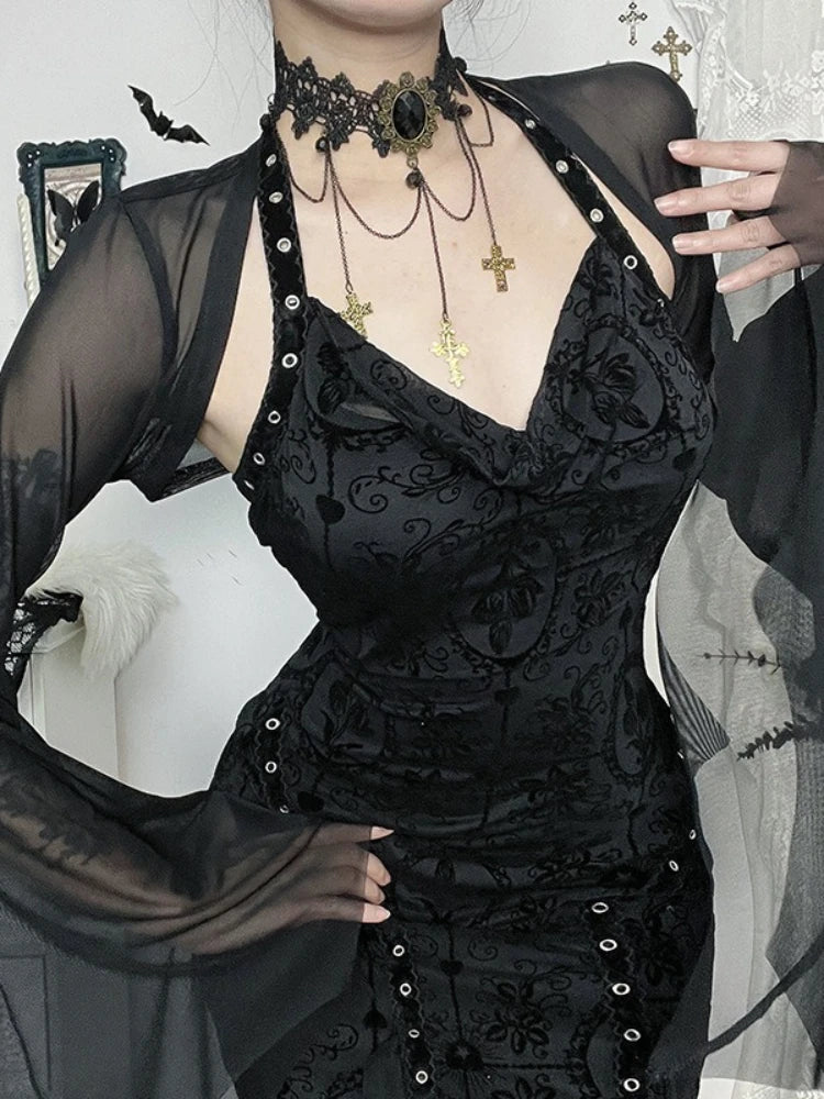 AltGoth Halloween Gothic Mesh Smock Women Vintage Streetwear Witch See Through Bat Sleeve Crop Blouse Sexy Cosplay Clothes Femme