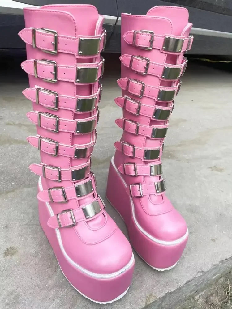 Women Boots Cosplay Ladies High Heel Platform Wedges Women High Boots Gothic Buckle Strap Long Tube Leather Female Boots Plus Si