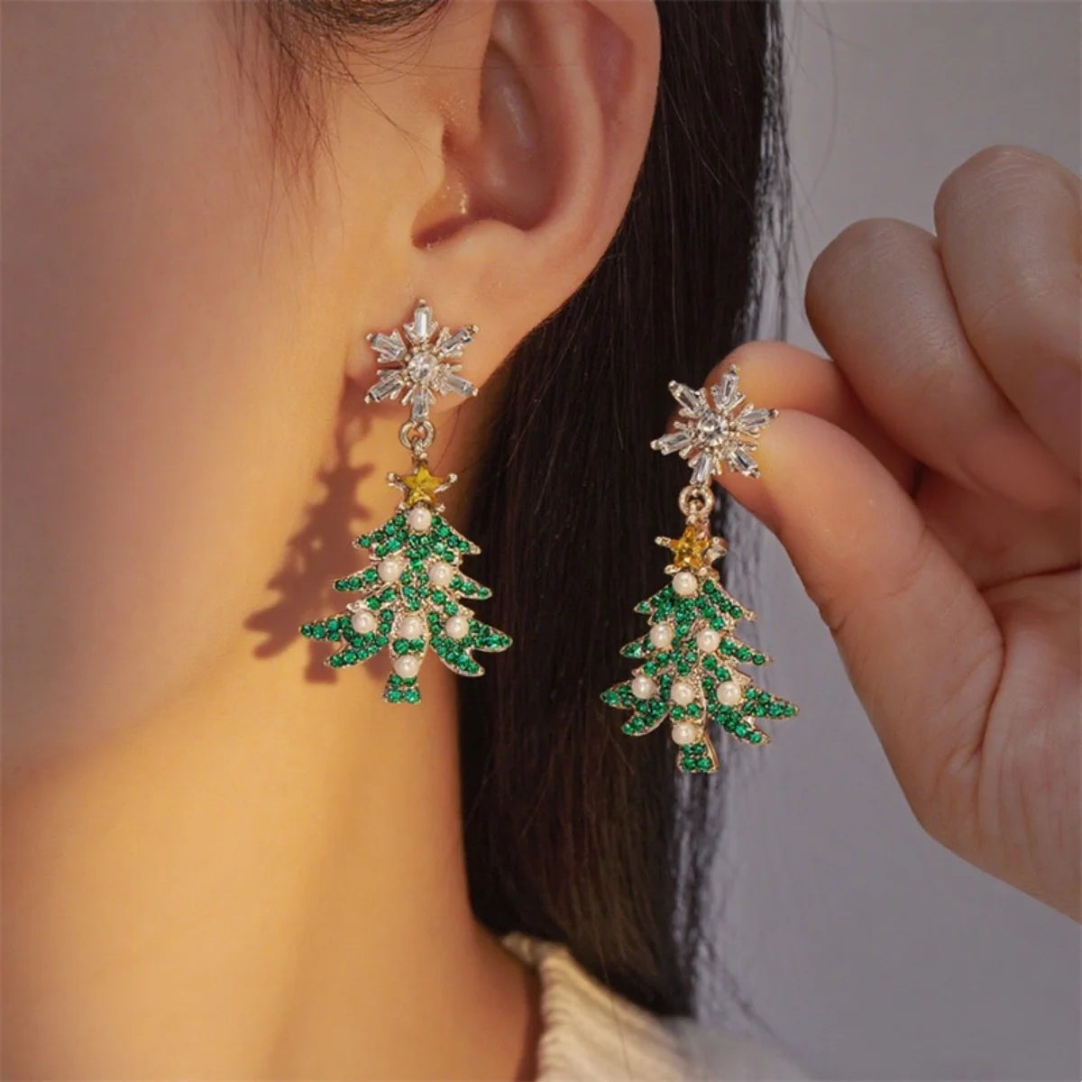 Christmas Earrings Rhinestone Imitation Pearl Snowflake Xmas Tree Star Bell Drop Holiday Dangle Party Jewelry Gift For Women Men