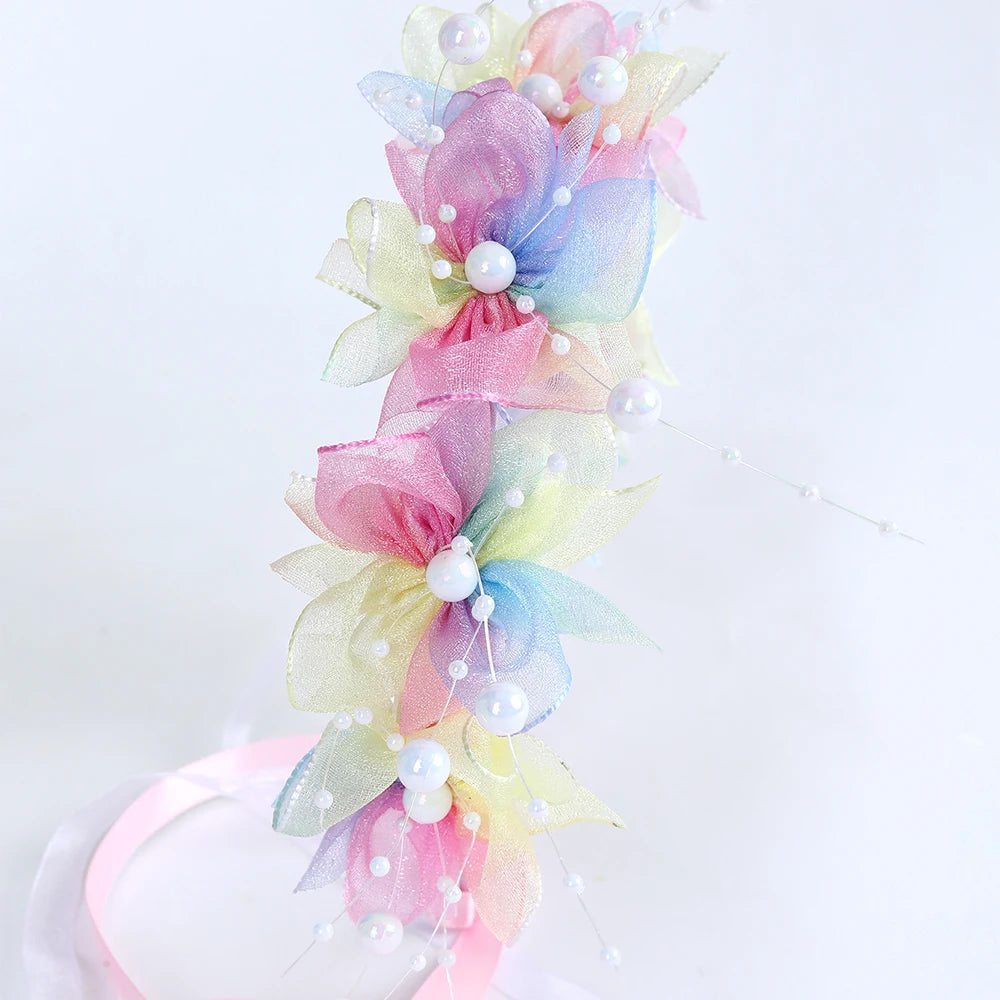 Fairy Flower Headband Sweet Lovely Girl Lace Floral Pearls Hair Hoop For Princess Wedding Birthday Headwear Accessories Gifts
