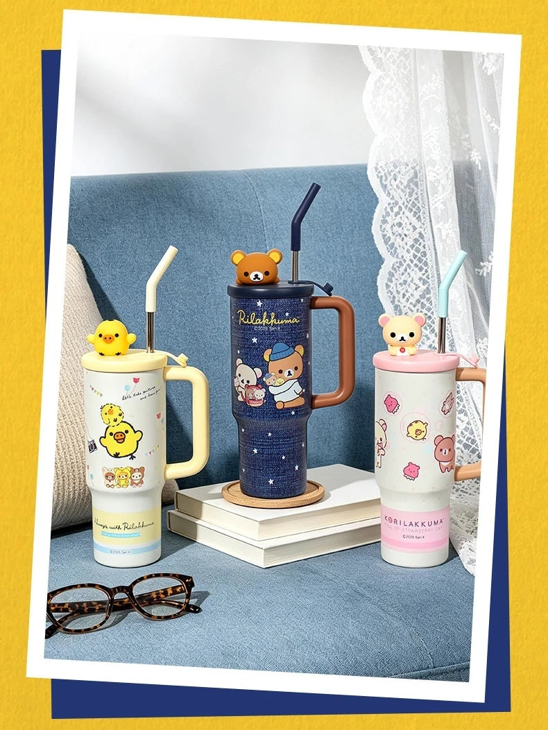 Rilakkuma Stainless Steel Tumbler Large Capacity Insulated Water Cup With Straw Cartoon Portable Travel Drinking Mug