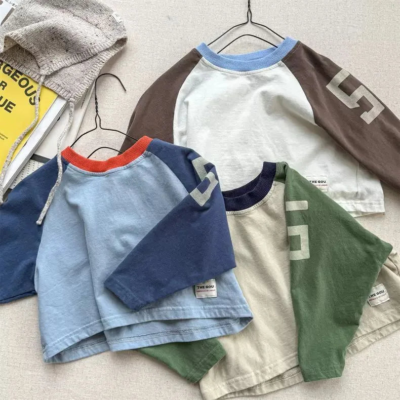 RAISE Spring 2026 Kids Boys Long Sleeves Letter Printed Cotton Children Boys Pullovers Ins Raglan Sleeve Spliced Baby Boys Top