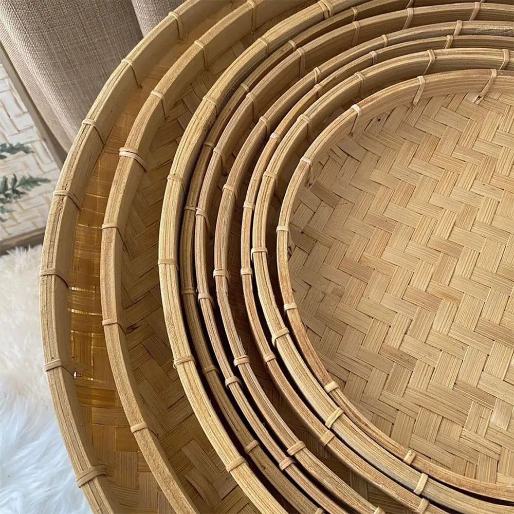 4 Size Hand-woven Bamboo Sieve Hand-painted Bamboo Raft Round Dustpan DIY Decorative Fruit Bread Basket Kitchen Storage Tray