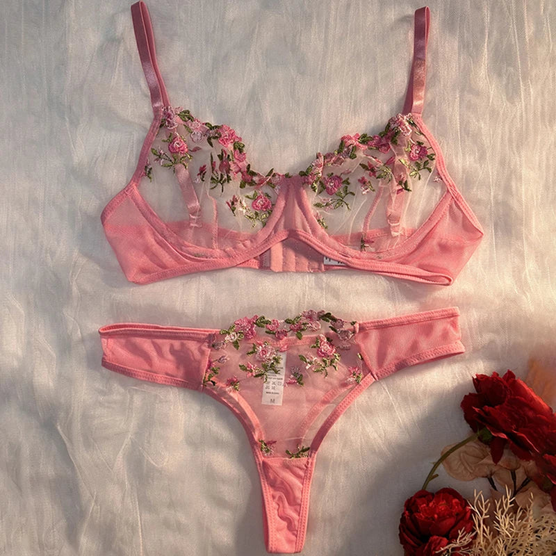 Sexy Underwear For Women Transparent Embroidered Small Flowers Bra Hot Lingerie Panties Intimates Woman Two Piece Set Clothing