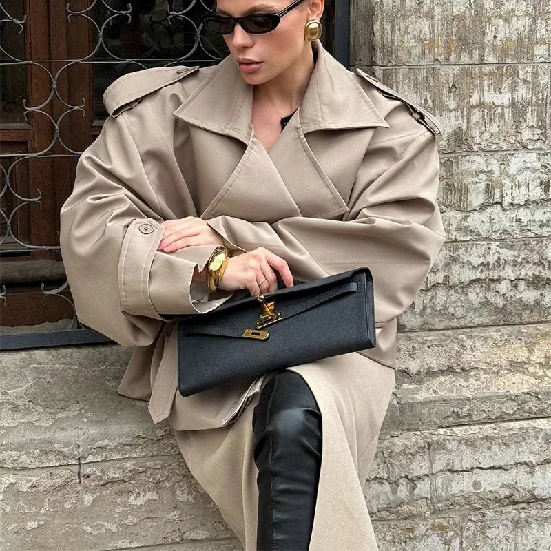 Solid Belted Waist Short Trench Coat Women Chic Wide Lapel Epaulet Detail Loose Long Sleeve Coats Fall Daily Commuter Outerwear