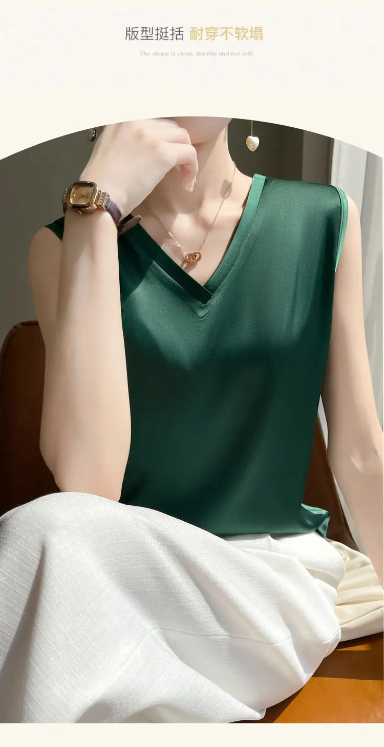 V-Neck Silk Vest Women's Summer Short Sleeved Top Acetate Satin Sleeveless Summer Shirt T-Shirt Loose Suspender Base YTM A39